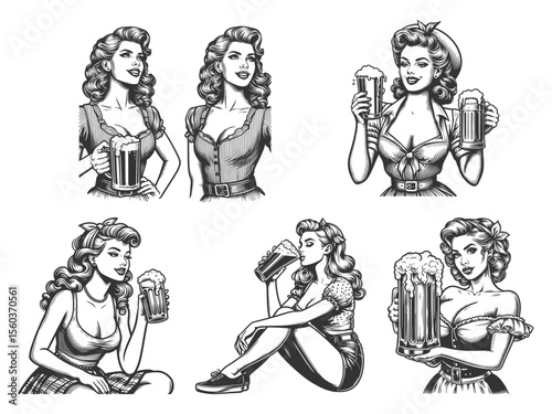Pin-Up Girl Drinking Beer Set collection bundle sketch engraving generative ai vector illustration. Scratch board imitation. Black and white image.