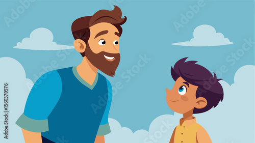 A young boy looks up to his uncle who may not have a perfect physique but is adventurous kind and confident.. Vector illustration