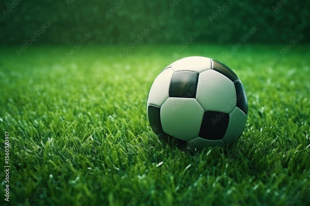 Fototapeta premium Classic soccer ball sits on a vibrant green field, evoking anticipation for the upcoming match