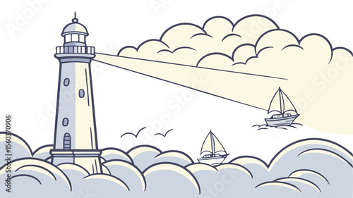 Illustration of a lighthouse shining its light across the ocean with sailboats and clouds in the background