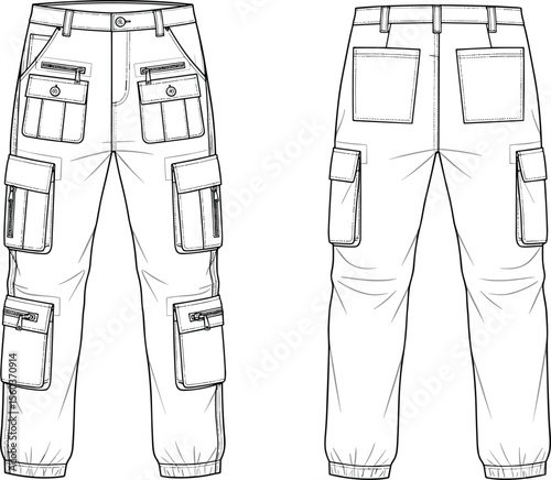 Technical flat sketch of multi-pocket cargo pants with elastic cuffs, front and back view, detailed cad fashion vector illustration