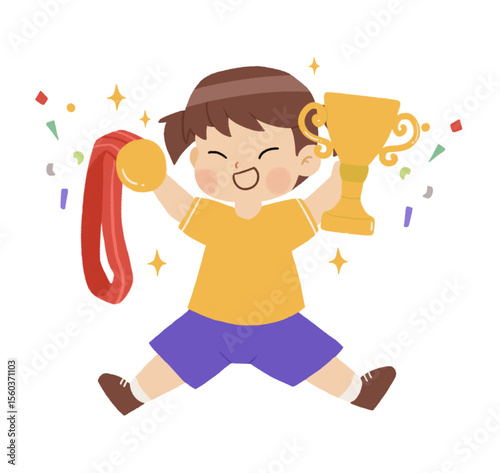 Cute cartoon, A boy celebrate with trophy clipart for graphic or sticker