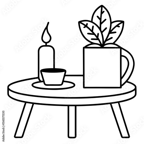 A small coffee table with a cup, an open book, a potted plant, and a candle. Cozy and minimalist.