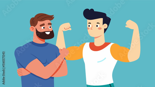 A man sheepishly pulls up his sleeve to reveal a lack of muscle definition while his friend flexes confidently beside him.. Vector illustration