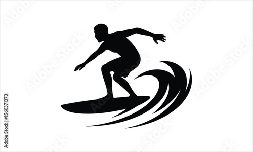 Dynamic surfer riding a wave in a bold black silhouette style