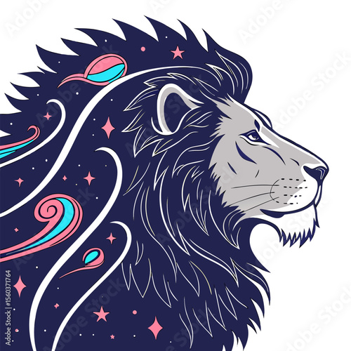 Illustration of a lion head with a mane filled with stars and swirling colorful cosmic elements design