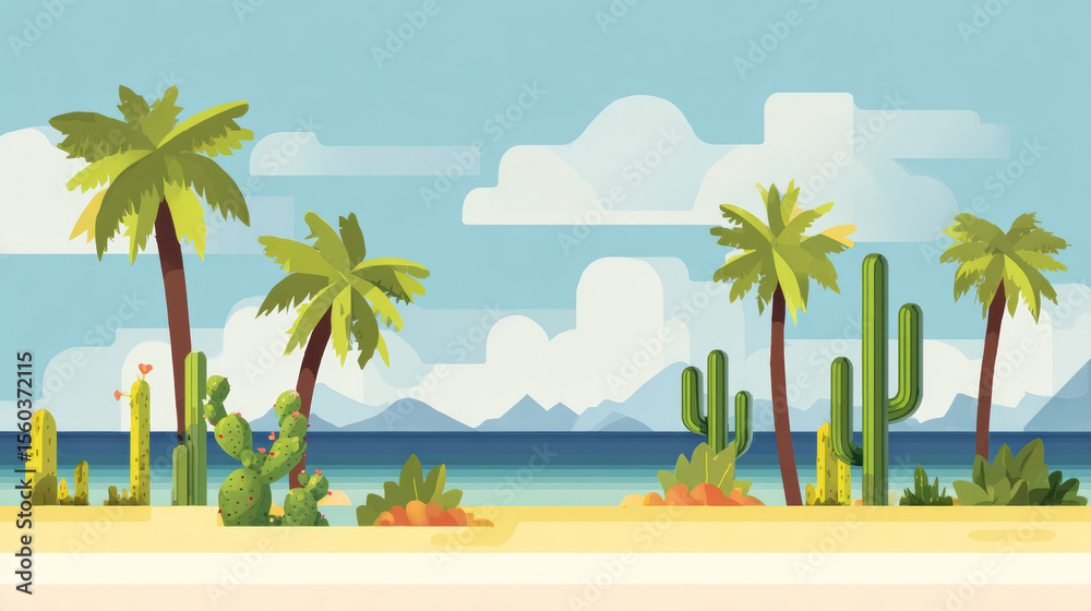 Obraz premium Tropical Beach Scene with Palm Trees and Cacti