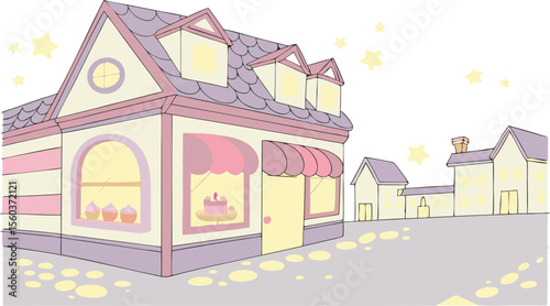 Illustration of a pastel colored bakery with cakes and cupcakes in the window and houses nearby