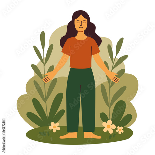Girl stays barefoot on the grass. People in nature. Girl on a walk. Cottagecore lifestyle. Digital Detox. Harmony with nature vibe. Slow living, relaxing. Flat vector illustration