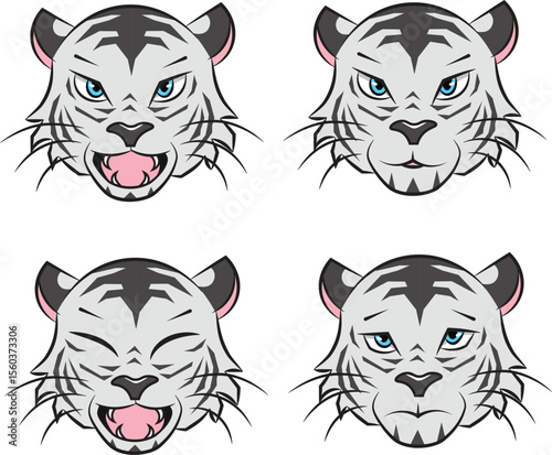 vector illustration 2D cartoon white tiger heads with different emotions sad and happy 