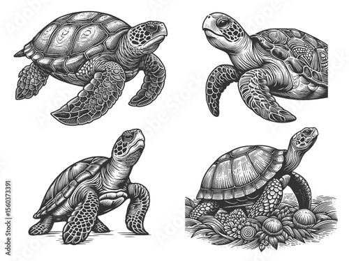 Sea Turtle Set collection bundle sketch engraving generative ai vector illustration. Scratch board imitation. Black and white image.