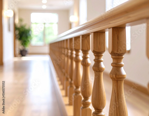 A warmly lit hallway with a light wood banister, hardwood floors, and a plant visible through the window at the end of the hall.