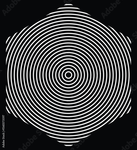 Optical illusion featuring concentric white circles that create the perception of a hexagon, on a black background