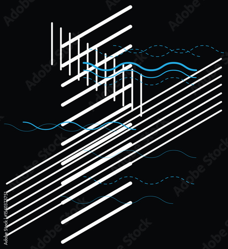 Abstract design featuring thick white diagonal and vertical lines interspersed with thin blue wavy and dashed lines on a black background