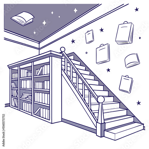 Illustration of a bookshelf filled with books next to a staircase with floating books and stars around it