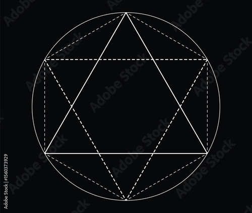 Geometric design featuring an outline circle enclosing a large equilateral triangle with dashed lines forming smaller triangles around its perimeter