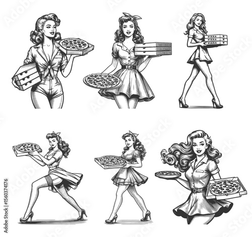 pin-up girl delivering or serving pizza Set collection bundle sketch engraving generative ai vector illustration. Scratch board imitation. Black and white image.