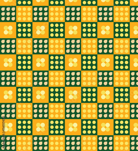 Vibrant checkered pattern alternating between solid orange squares and patterned squares with various dot arrangements