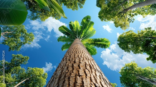 Towering Palm Tree Reaching Towards Clear Blue Sky Surrounded by Lush Green Foliage