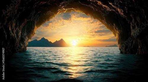 Breathtaking Sunset View from a Rocky Cave Overlooking Tranquil Ocean Waters
