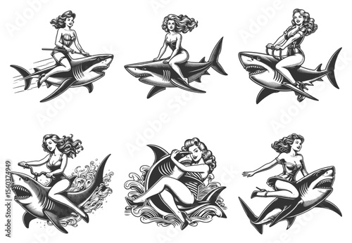pin-up women riding shark Set collection bundle sketch engraving generative ai vector illustration. Scratch board imitation. Black and white image.