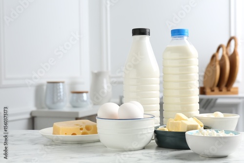 Wallpaper Mural Different dairy products and eggs on white marble table indoors. Space for text Torontodigital.ca