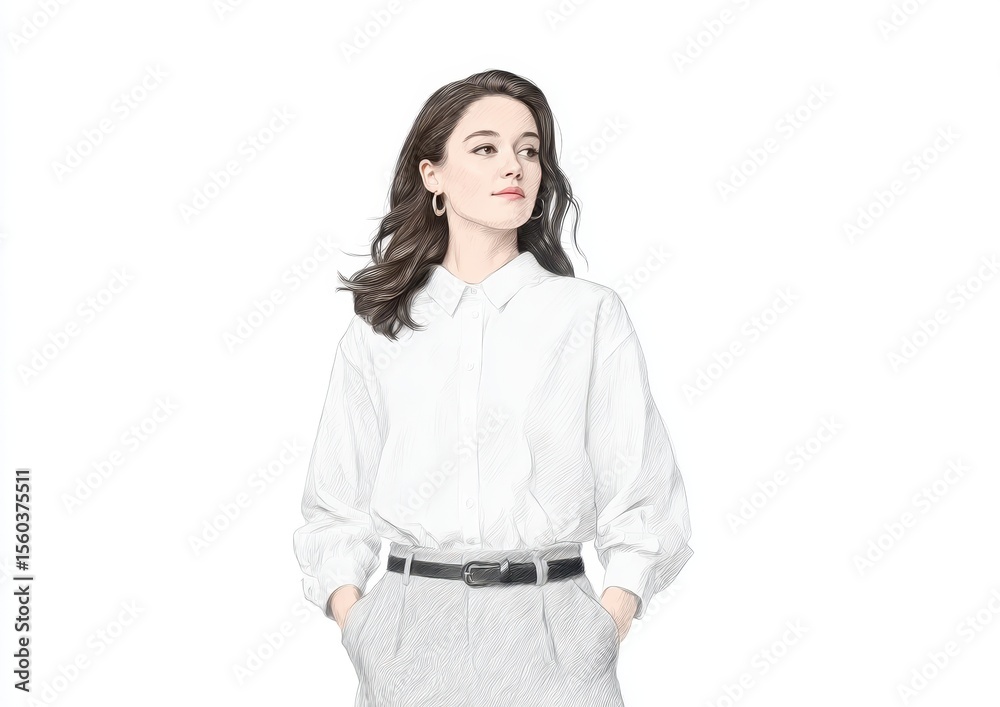 Elegant young woman in a white blouse with a stylish belt, showcasing a confident pose, minimalist fashion, and contemporary style on a clean background Elegant young woman in a white blouse with a stylish belt, showcasing a confident pose, minimalist fashion, and contemporary style on a clean background