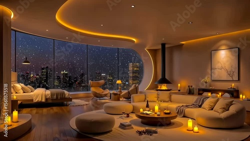 A serene and futuristic penthouse with unique curved windows offering a panoramic view of heavy snow falling over the city. A cozy and modern winter retreat.