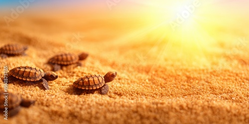 Baby turtles crawl towards the ocean under a vibrant sunrise, symbolizing the journey of life and nature's beauty along sandy shores