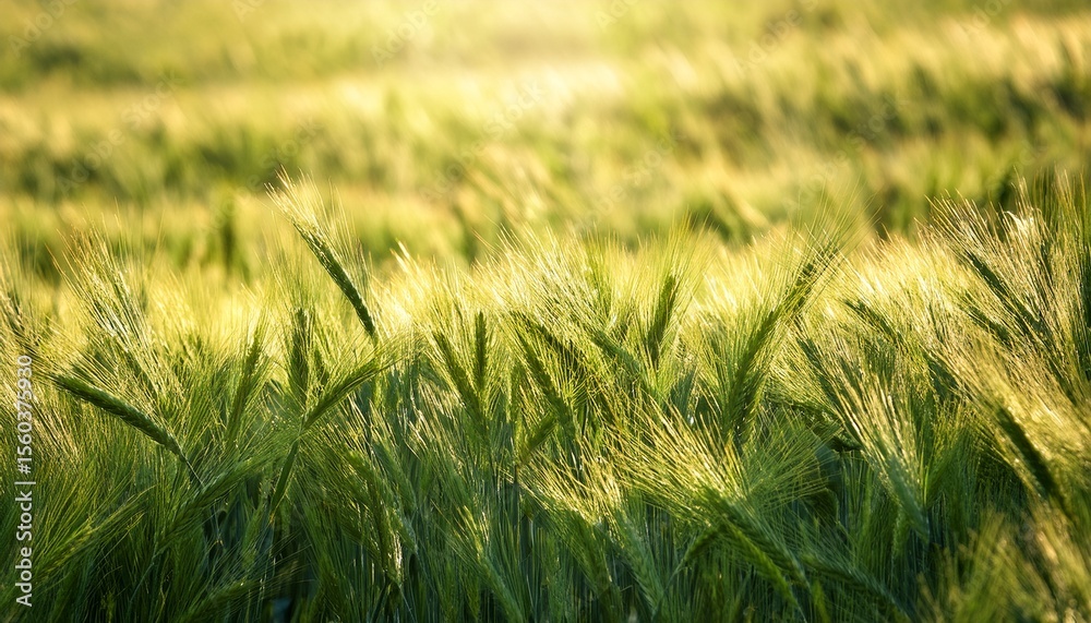 Fototapeta premium lush green wheat field with ripening spikes under soft light