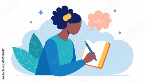 A person writing in a gratitude journal reflecting on positive memories and experiences as a way to improve overall brain health and cognitive function.. Vector illustration