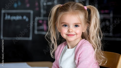 Happy little girl with blonde hair and pink sweater sitting at school desk smiling