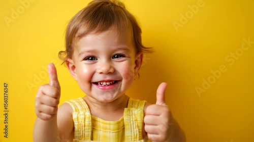 A toddler giving a thumbs up on yellow background. Toddler caucasian boy in a yellow t-shirt giving thumbs up on a yellow background.