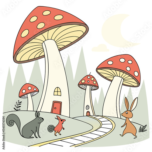 Illustration of whimsical mushroom houses with animals in a forest under the moonlit sky landscape scene