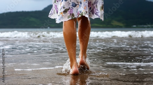 Woman Walking Barefoot on Sandy Beach with Gentle Waves and Scenic Mountain Background