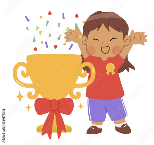 Cute cartoon, A girl celebrate with big trophy clipart for graphic or sticker
