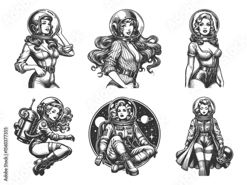 women space suits, pin-up style with futuristic astronaut Set collection bundle sketch engraving generative ai vector illustration. Scratch board imitation. Black and white image.