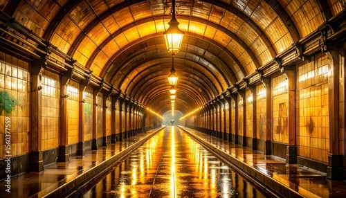 Amber-lit Metro Tunnel with Dewy Street Lamp Reflections at Dawn