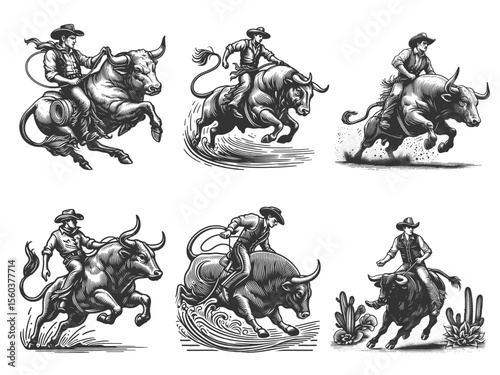 cowboys riding bulls in energetic rodeo scenes Set collection bundle sketch engraving generative ai vector illustration. Scratch board imitation. Black and white image.