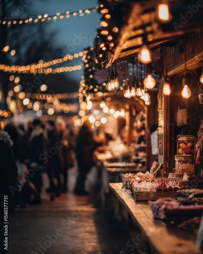 A vibrant Christmas market stall decorated with twinkling lights, selling festive goods.
