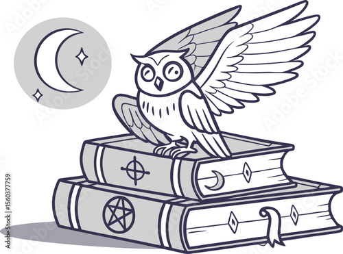 Illustration of an owl perched atop a stack of books with moon and star in the background at nighttime