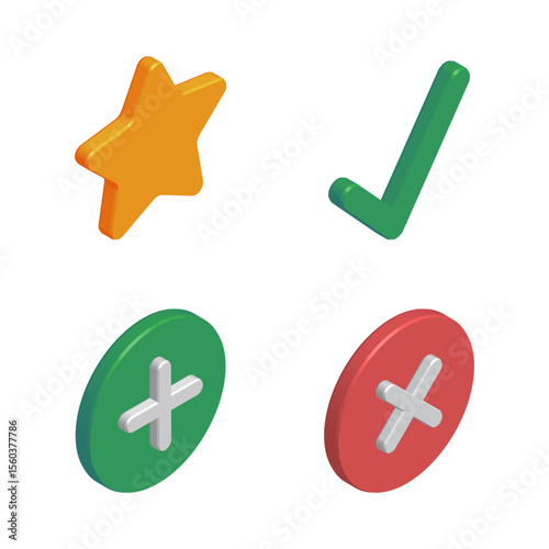 Set of isometric icons: star, check, add, reject