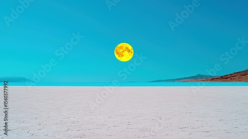 Vibrant Moonlit Landscape Over Dreamy Water Surface With Clear Blue Sky