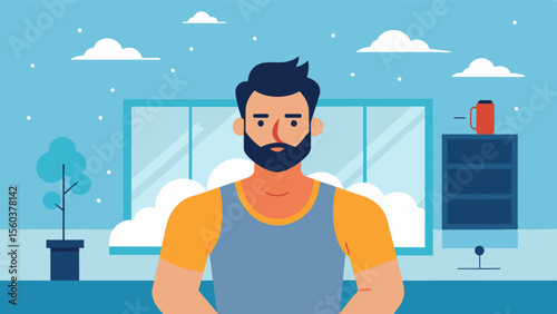 A man pausing to take a deep breath outside the gym his anxiety now rep with a sense of determination and excitement.. Vector illustration