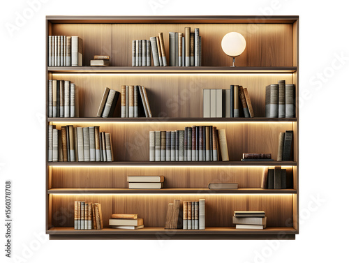 realistic modular smart bookshelf mockup, front view with adjustable lights, isolated on transparent background