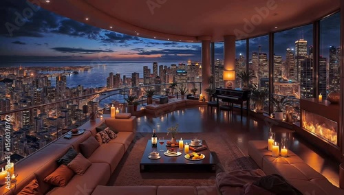 An opulent high-rise apartment living room featuring a grand piano, a large comfortable sofa, and panoramic windows with a breathtaking night view of the city.