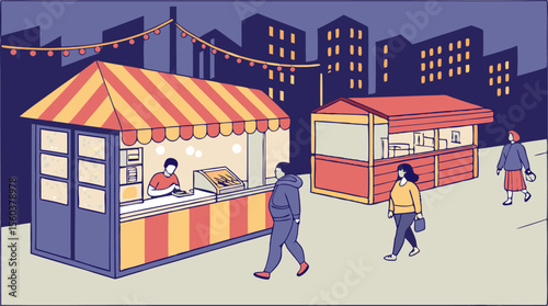 Illustration of a night market scene with food stalls people and city buildings in the background view