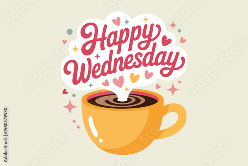 Yellow coffee cup with Happy Wednesday text, hearts, and stars. Suitable for social media posts and greeting cards.

A cheerful coffee cup design for midweek motivation and spreading positivity in dig