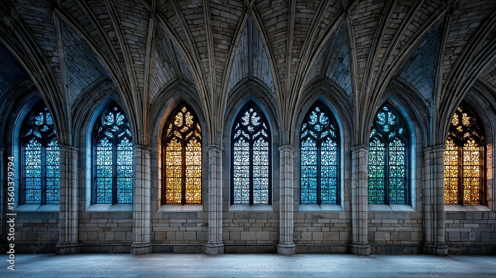 Fototapeta premium Stained glass windows illuminate a stone chapel.