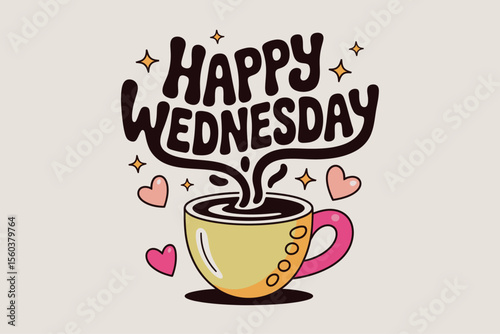 Happy Wednesday greeting with coffee being poured into a cup, perfect for social media posts, newsletters, or workplace communications.